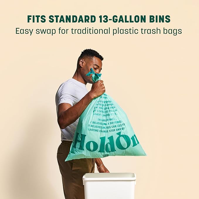 HoldOn 13-Gallon Trash Bags – Plant-based Tall Kitchen Trash Bags with Drawstring Handles for Tall Trash Bins Heavy-duty and Compostable Large Trash Bags (40 bags)