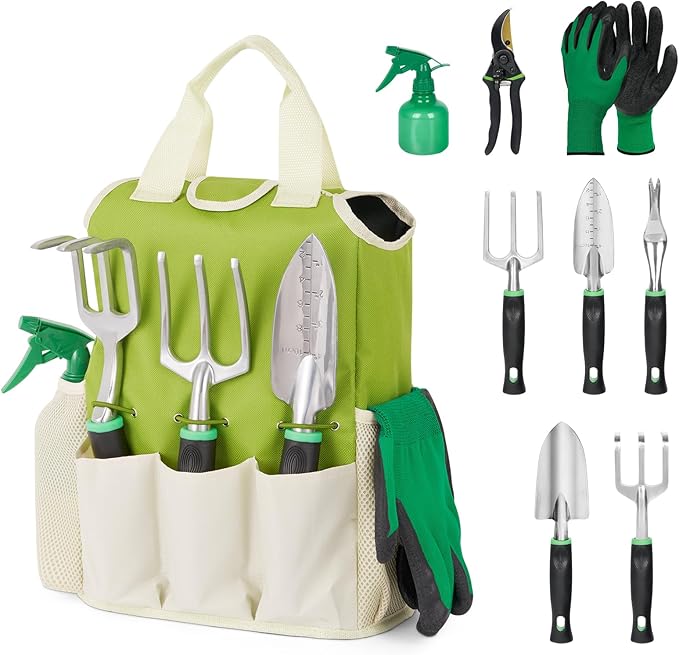GreatBuddy Garden Tool Set for Women 9 Piece Heavy Duty Rust-Proof Gardening Tool Set with Ergonomic Handles &amp Durable Organizer Handbag Ideal Gardening Gifts for Mothers Gardener BeginnersGr