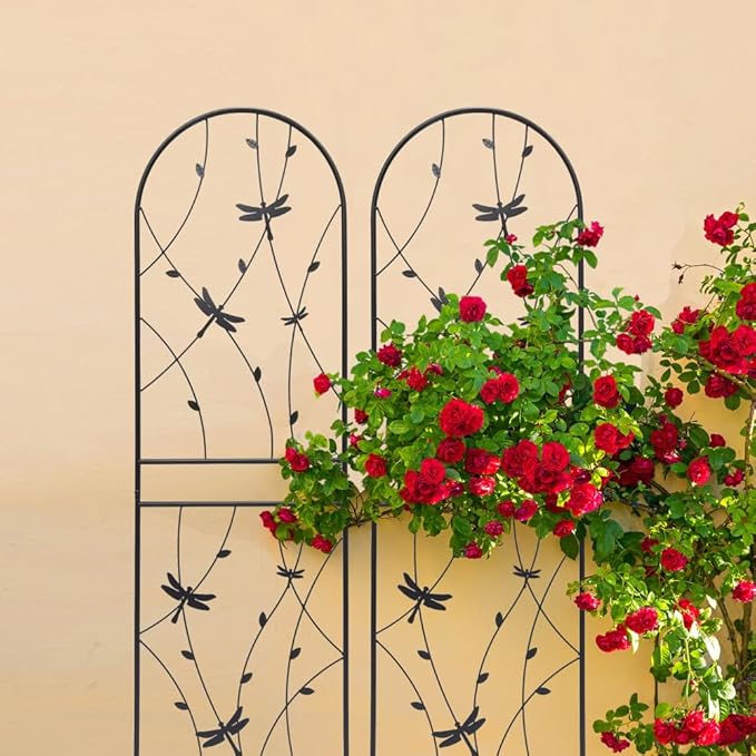 Sturdy Metal Garden Trellis for Climbing Plants – Rust-Resistant Outdoor Flower Support with Decorative Dragonfly Design (4 Pack-H71'')