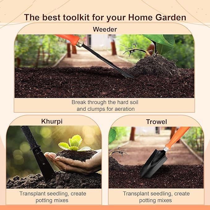 RK_Enterprises Garden Tool Set - 3 Pcs (Small Trowel 2 Inch Khurpi Weeder) | Terrace Gardening Accessories| Tools Kit for Home Gardening | Essential Farming Spade Shovel for Gardening | Tool Kit