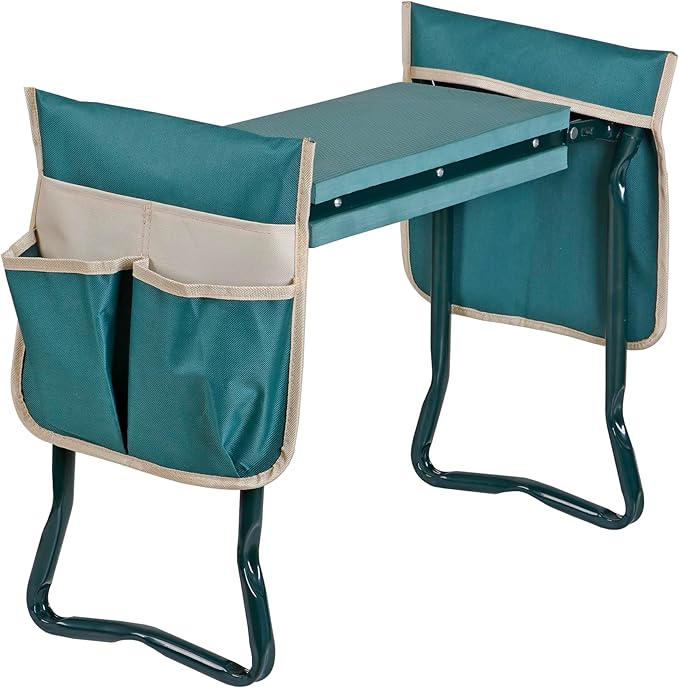 Folding Garden Kneeler Bench Heavy Duty Garden Stool Kneeling Pad Bench Seat for Kneeling to Prevent Knee Pain Lightweight Portable Gardening Supplies with Extra Tool Pouches EVA Foam Pad