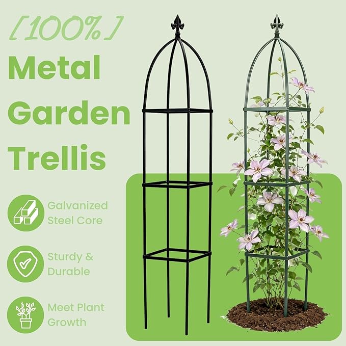 Lancisism 100% Metal Trellis for Climbing Plants Outdoor - Garden Metal Obelisk Trellis Vertical Plant Support for Climbing Vines &amp Flowers - Sturdy Steel Arch Trellis for Potted Plants Indoor Gre