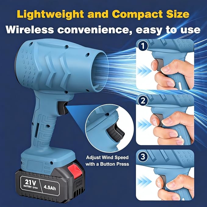 Electric Mini Leaf Blower Powered Handheld Blower Leaf Adjustable Wind Speed Cordless 21V Battery Blower with 2 Rechargeable Batteries and Charger Toolbox for Yard Leaf &amp Snow Removal(Blue)