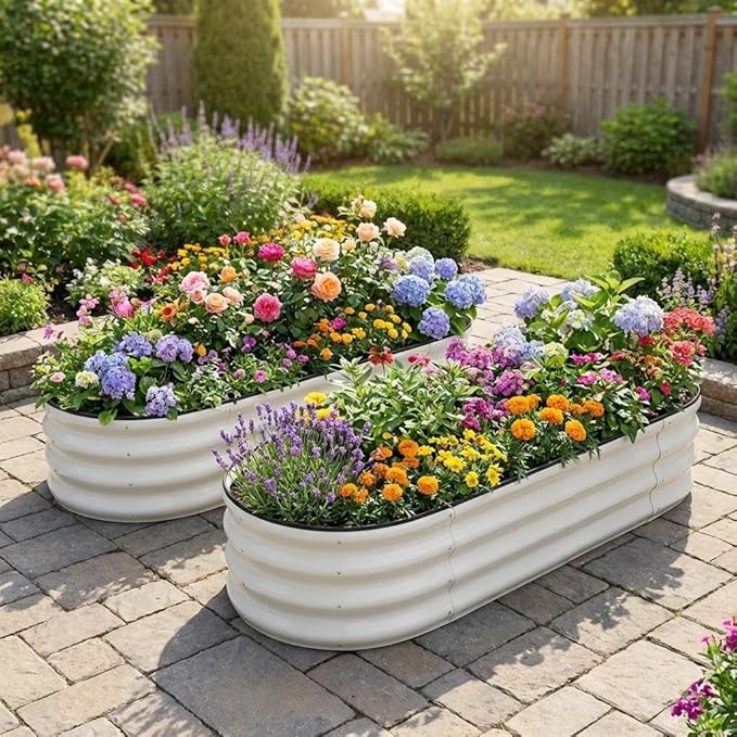 4.5x2x1.5FT Oval Galvanized Steel Raised Garden Beds 2-Pack Large Outdoor Metal Planter Boxes with Open Base and Safety Edge Tool-Free Assembly Weather-Resistant for Vegetables Flowers Herbs White