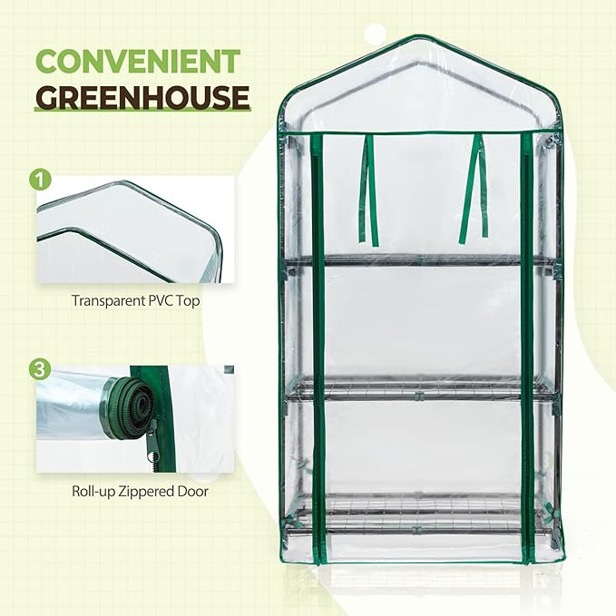 EAGLE PEAK 3-Tier Mini Greenhouse Portable Green House with Shelves &amp Weather-Resistant PVC Cover Small Greenhouse for Seedlings &amp Gardening Gifts 27x19x50 in Clear