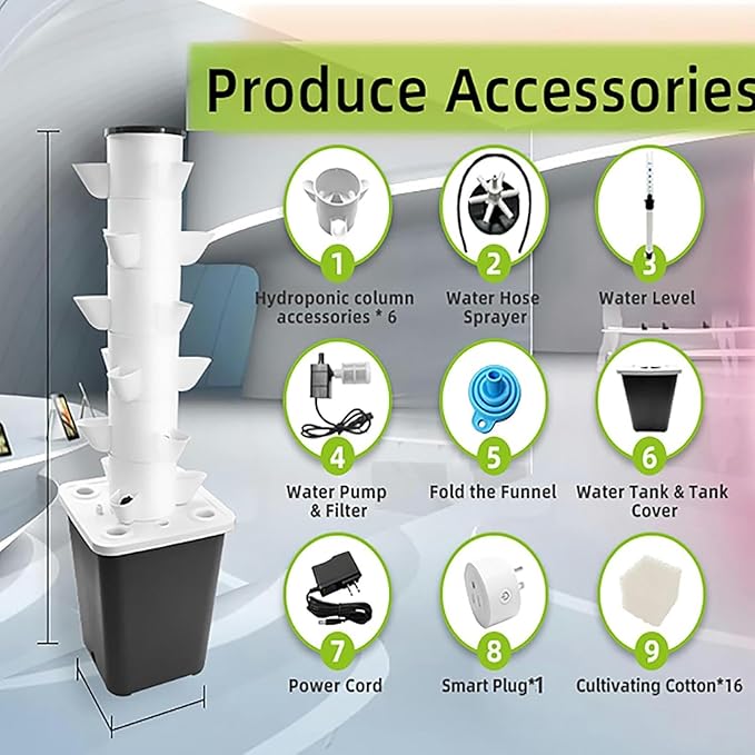 Hydroponic Tower Growing sytem Indoor hydroponic Grow System Vertical Grow Tower 6 Layer 18 Plants Sites with Pump and Movable Water Tank Adapter Seeding Bed &amp Net Pots//1pc