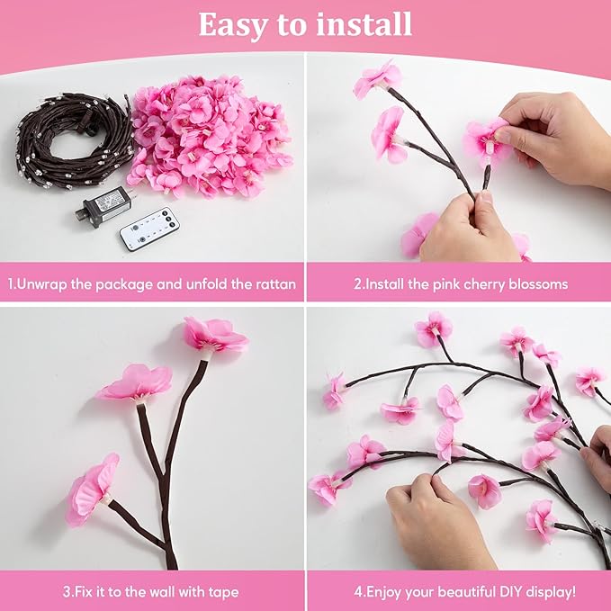 Cherry Blossom Lights with Remote 7.5 Ft 144 Flowers Enchanted Willow Vine Lights 18 Branches 144 LEDs Lighted Willow Vine Tree Lights for Walls Bedroom Home Room Decor Brown Branch