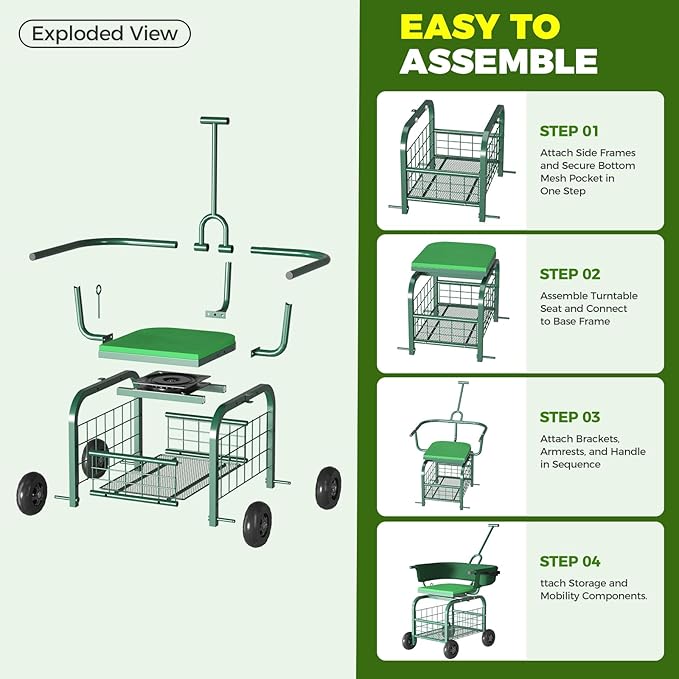 Suntee Garden Seat with Wheels Rolling Gardening Stool with 360° Swivel Seat &amp BackrestTool Storage Basket &amp Back Tool Pouch Adjustable Handle Outdoor Gardening Scooter Garden Cart for Se