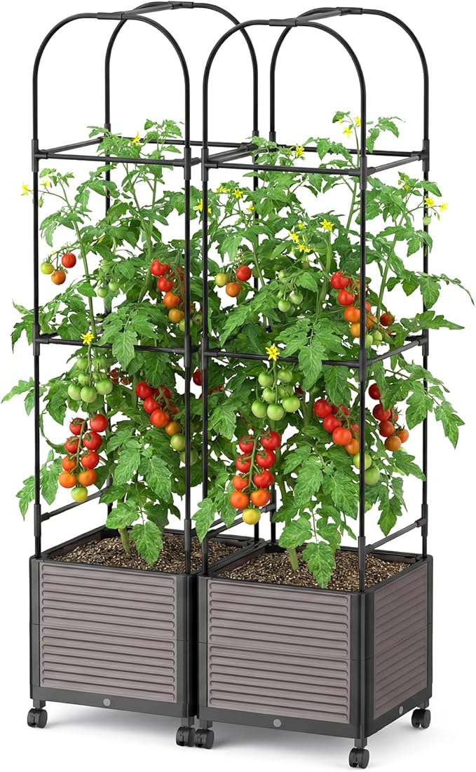 DoCred 60 H Raised Garden Bed Planter Box with Wheels 2 Pack Tomato Cage Planter Raised Garden Bed with Trellis for Climbing Vegetables Plants Tomato Cage Indoor Outdoor Use