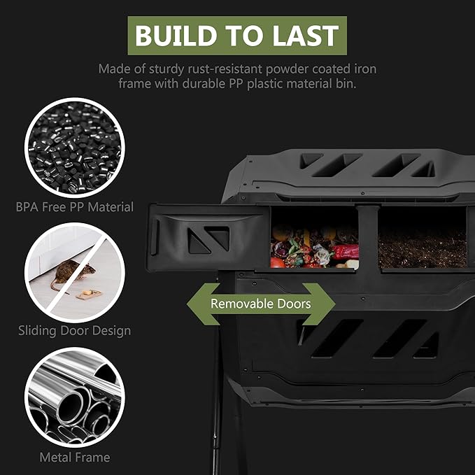 SUPER DEAL Outdoor Compost Tumbler 43 Gallon Dual Chamber BPA Free Large Compost Bin 360° Rotating Tumbling Composter for Garden Yard Black