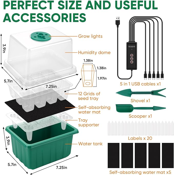 BlumWay Self-Watering Seed Starter Tray Kit with Grow Light and Humidity Dome3 Color Growing Light5-Pack 60-Cell Plant Seedling TrayReusable Plastic Germination TraysTimed Light Plant Starter Set