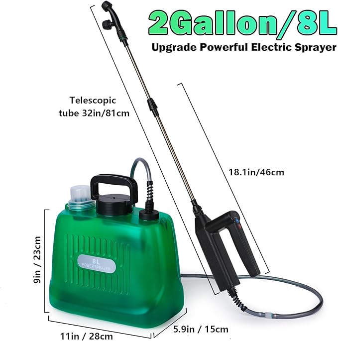 Battery Powered Sprayer 2 Gallon Electric Sprayer with 4 Mist Nozzles USB Rechargeable Handle 32in telescopic Wand Garden Sprayer with Adjustable Shoulder Strap for Lawn Garden Cleaning