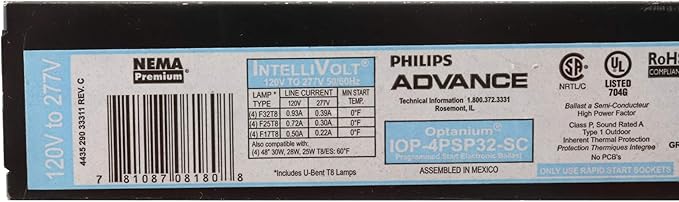 Advance IOP-4PSP32-SC Electronic Fluorescent Ballast 4-Lamp T8 F32T8 32W 120/277V