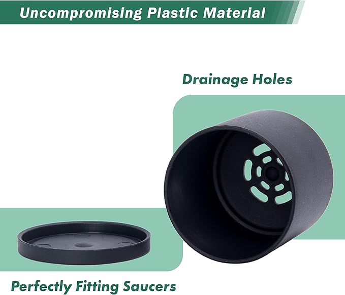 D'vine Dev 10 Pack Plastic Plant Pots for Plants 6.5/6/5.5/5/4.5/4/3.5/3/2.5/2 Inch Indoor Planters Cylindrical Succulent Pot with Drainage Hole and Saucer Black 74-S-B