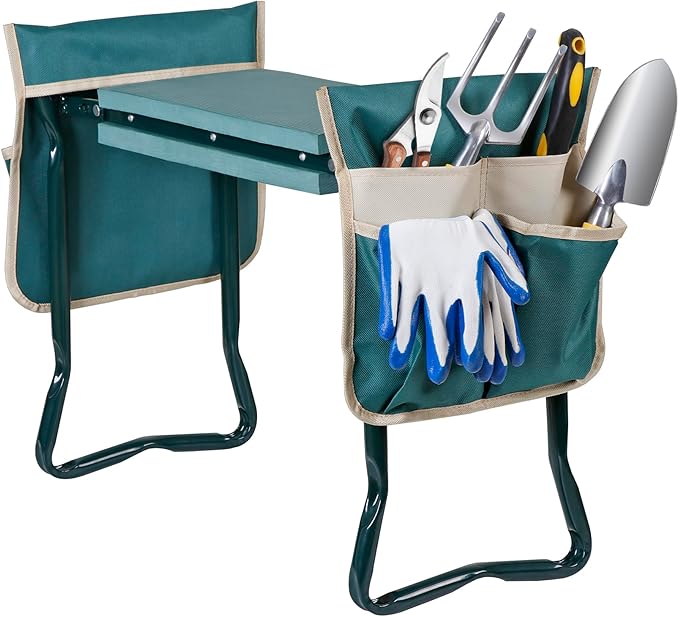 Smartxchoices 8 Wide Garden Kneeler Seat Folding Garden Bench Stool with Two Tool Multi-use Pouches Heavy Duty Yard Gardening Chair with Soft Kneeling Pad Green