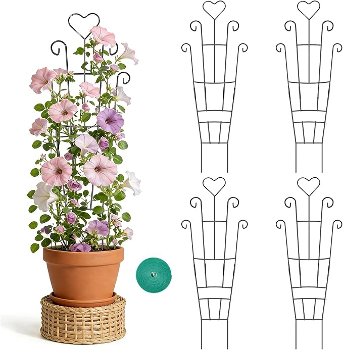 Trellis for Climbing Plants Indoor 4 Pack 31'' Metal Plant Trellis Indoor for Potted Plants Sturdy Plant Support Outdoor for Ivy Pothos Monstera Hoya Flower Vine Heart Shape