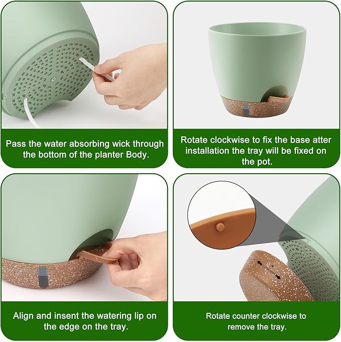 Self-Watering Plant Pots with Water Level Indicator Drainage Holes &amp Saucers – 12/10/9 Inch Large Plastic Planter Set for Indoor &amp Outdoor Plants (Green)