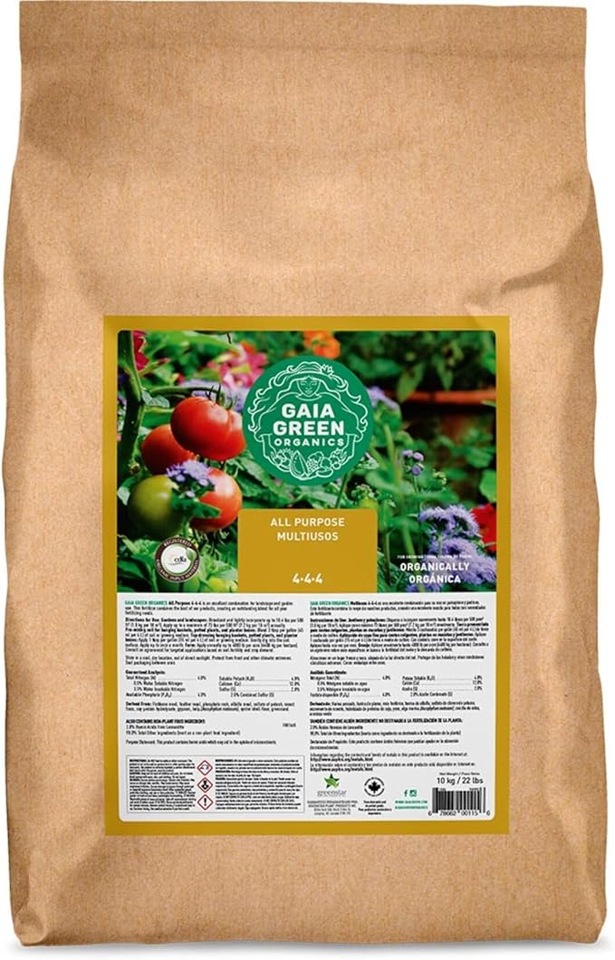 Gaia Green All Purpose Organic Fertilizer 4-4-4 10kg OMRI Listed Balanced Plant Food for Vegetables Flowers Lawns and Greenhouses Slow Release Multi-Ingredient Blend