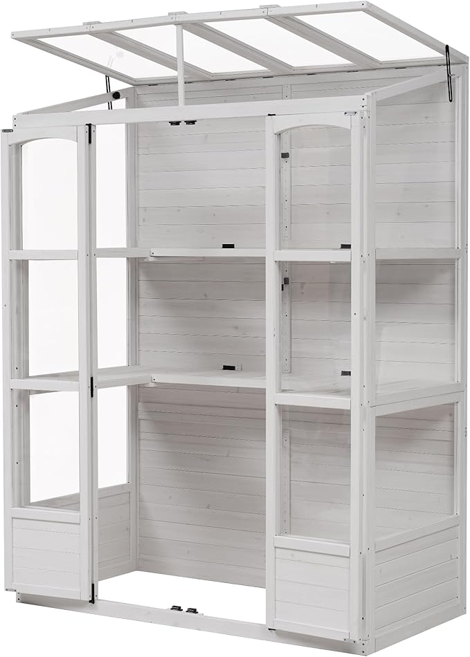 Polibi Wooden Greenhouse Cold Frame Portable Greenhouse with 2 Folding Middle Shelves and 4 Independent Skylights for Indoor Outdoor Patio Balcony Garden 57.9 Lx29.1 Wx78.1 H White