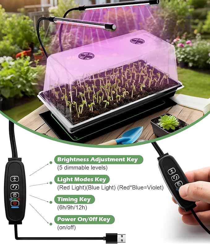 2-pack 1020 Trays with 7.3'' Domes &amp Heat Mats &amp Grow Lights – Heavy-Duty 1020 Seed Starter Kits Seedling Trays with Humidity Domes &amp Waterproof Heating Mats &amp LED Lights for Germinat