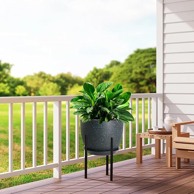 12/10/9 Large Modern Plant Pots Plastic Planters with Drainage Holes and Saucers for Indoor Outdoor Plants Flowers Black with Green Speckles