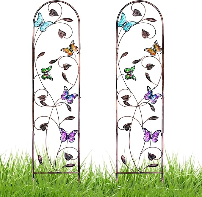 aboxoo Set of 2 Packs Butterfly Metal Garden Trellis for Climbing PlantsOutdoor Decorative Flowers Arch Fence Trellis for Outdoor PatioGardenLawnYardBackyardWall Brackets60'' H x 11'' W