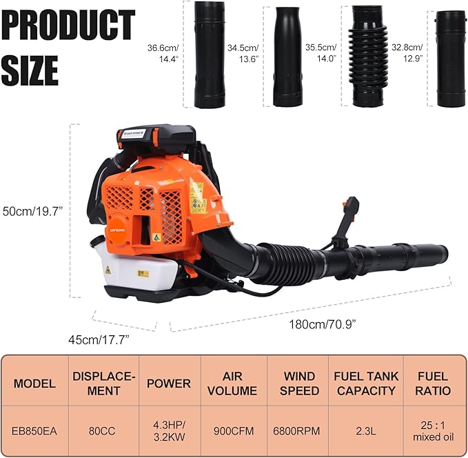 Backpack Gas Powered Leaf Blower 80CC 900CFM 2-Stroke Gas Leaf Blower 6800RPM Backpack Leaf Blowers for Lawn/Garden Care Snow/Grass Blowing from US