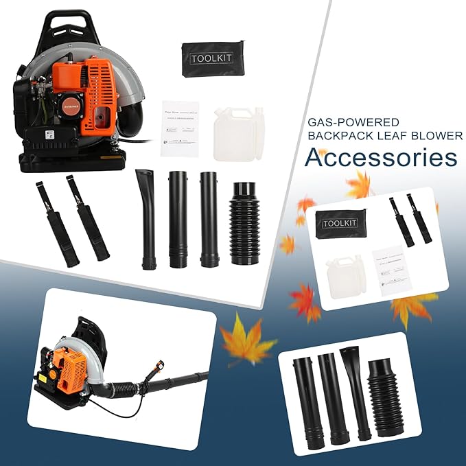 Backpack Leaf Blower 63CC 2-Stroke Engine Gas Leaf Blower High Strength Snow Blower 665 CFM Air Volume 6800R/min Ergonomic Design Handheld Leaf Blower for Dust Snow Debris Outdoor