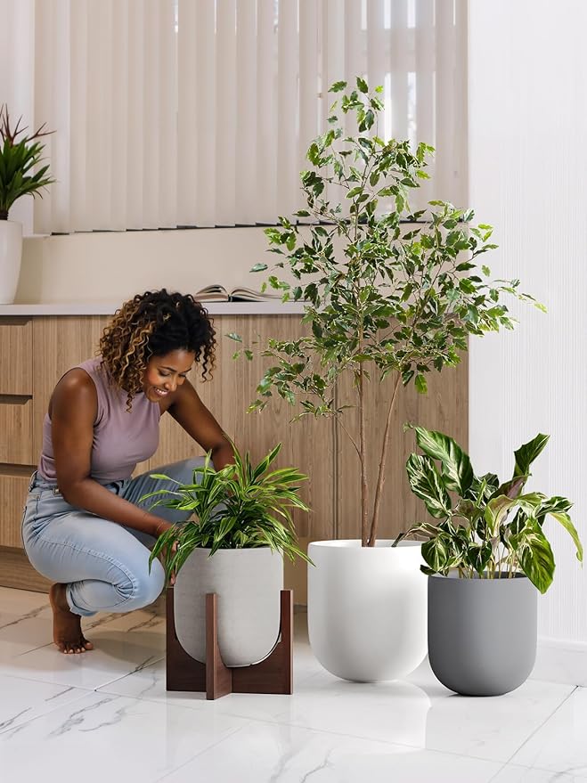 LE TAUCI 10 Inch Planter with Acacia Wood Stand Ceramic Planters for Indoor Plants Unique Plant Pots Indoor for Home Decor Cylinder Pots for Plants with Drainage Hole and Plug Neutral Gray