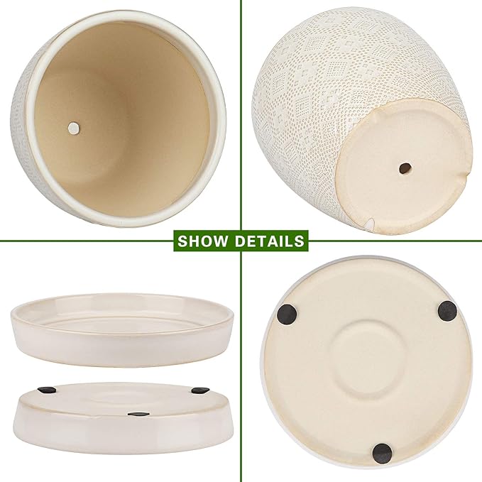 Docrin Ceramic Plant Pots Indoor 6.6 + 5.5 Inch Planters with Drainage Holes and Saucer for Home/Office - Set of 2 /White