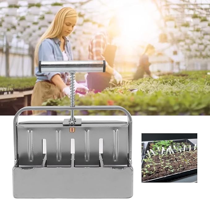Soil Blocker Manual 8 Cell Soil Block Maker with Comfortable Handle and 3 Sizes Seed Pins 1.6inch Block Handheld Soil Blocking Tool for Seed Starting Transplanting Germination