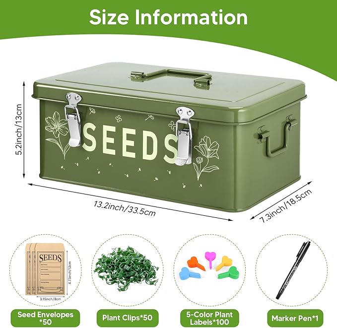 Seed Storage Organizer Box with 4 Compartments Metal Seed Saving Box with Lockable Lid &amp Safety Locks Includes 50 Seed Envelopes 100 Plant Labels 50 Clips &amp Marker (olive green)