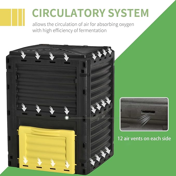 Compost Bin Outdoor 80 Gallon Garden Composter with 48 Vents and Sliding Doors Lightweight Outdoor Compost Box for Garden Kitchen and Yard Waste Black+Yellow