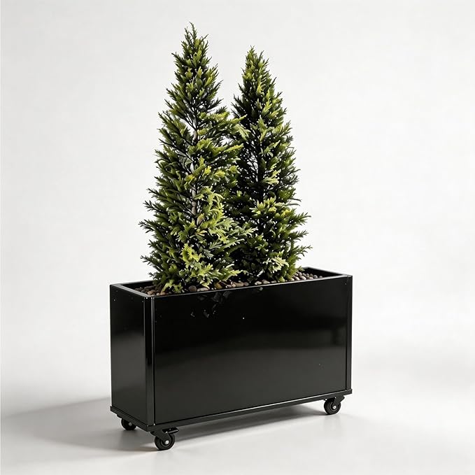 Modern Metal Planter Box Large Rectangular Planter for Outdoor Plants - Heavy Duty Tall Planter Box with Lockable Wheels Outdoor Planter for Porch/Patio/Garden (Black 38x12x24.5)