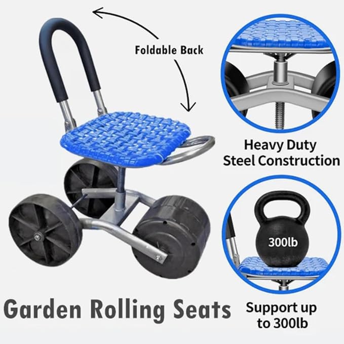 Garden Rolling Stool seat Adjustable 360° Rotating Work seat with Wheels for Courtyard Portable Garden Scooter