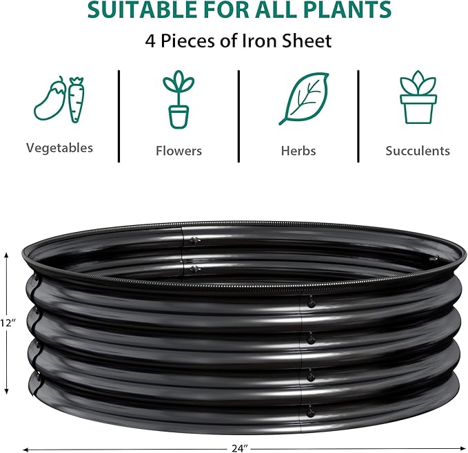 2 PCS 2 x 1ft Round Galvanized Raised Garden Bed Rust Corrosion-Resistant Metal Planter Box with Safe Rubber Edging Easy Assembly Open Bottom for Vegetables Flowers Fruits Herbs Black