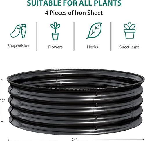 2 PCS 2 x 1ft Round Galvanized Raised Garden Bed Rust Corrosion-Resistant Metal Planter Box with Safe Rubber Edging Easy Assembly Open Bottom for Vegetables Flowers Fruits Herbs Black