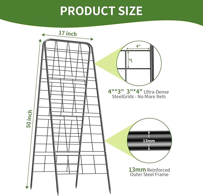 100% Metal Cucumber Trellis for Raised Bed50x17 A-Shape Garden Plant Support for Climbing Plants Heavy Duty Metal Garden Trellises Plant Support for Vine Vegetables Outdoor (Black 50x17(H*W))