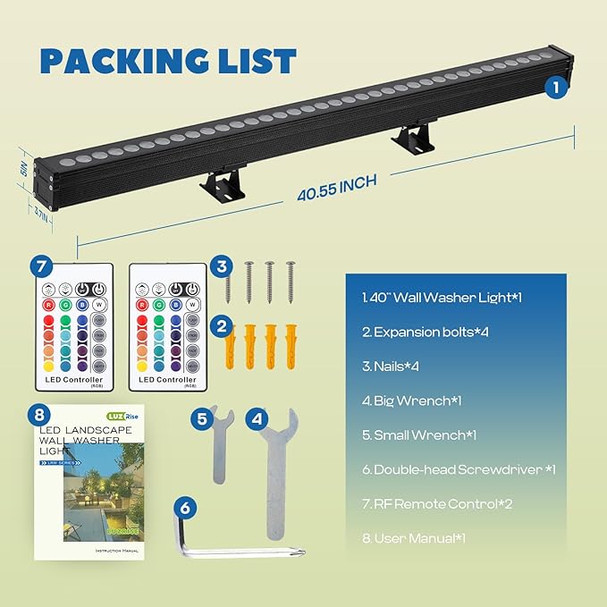 108W Wall Washer Light Bar RGBW 16 Color Changing 40’’/3.28FT Length Remote Controller*2 IP65 Waterproof LED Landscape Light