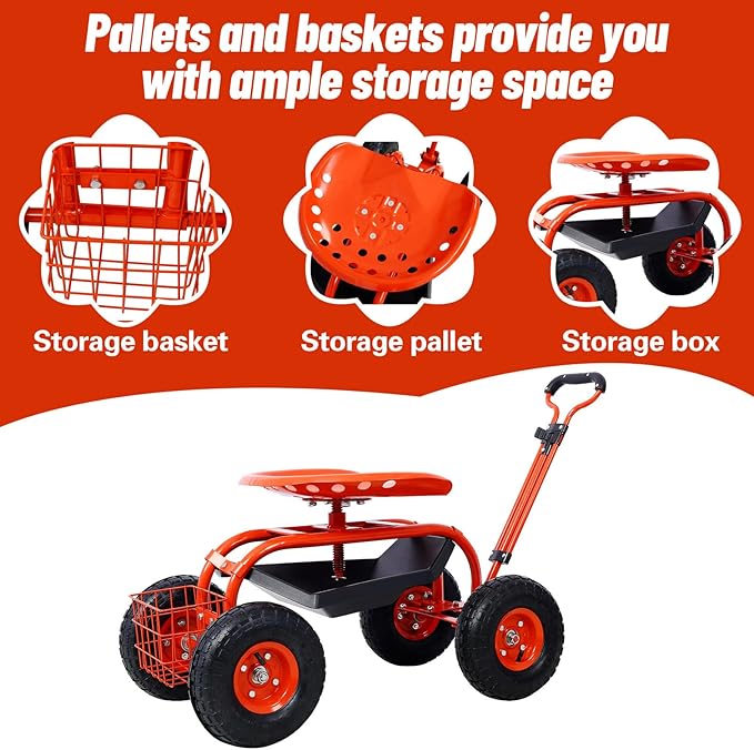 Anwick Rolling Garden Work Seat with Wheels Gardening Stool for Planting 360 Degree Swivel Seat Scooter with Steering Handle &amp Tool Tray/Basket Garden Chair for Outdoor Patio and Yard (Red)