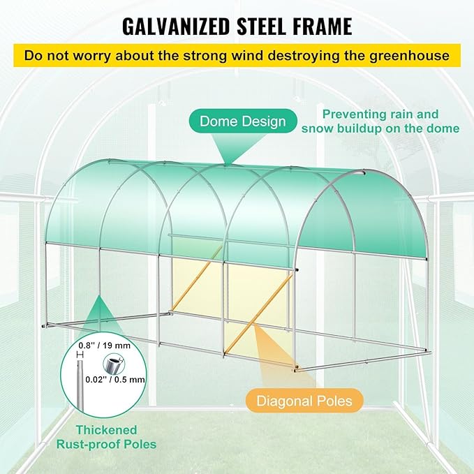Walk-in Tunnel Greenhouse 14.8 x 6.6 x 6.6 ft Portable Plant Hot House w/ Galvanized Steel Hoops 1 Top Beam Diagonal Poles Zippered Door &amp 8 Roll-up Windows Green