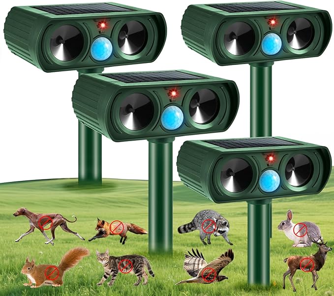 4 Pack Solar Ultrasonic Animal Repellent OutdoorDeer Repellent Motion DetectionWaterproof Deterrent for Cat Squirrel Mouse Raccoon Dog Rabbit