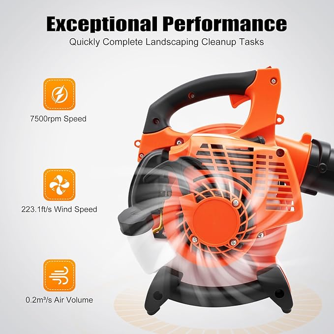 25.4cc 2-Cycle Gas Handheld Leaf Blower Light Gas Blower w/0.4L Fuel Tank 424CFM 152MPH Low Vibration and Cruise Control Powerful Blowers for Lawn Yard Care(25.4cc 2-Stroke)