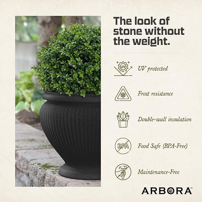 ARBORA 18 Cannes Urn Polyresin Indoor and Outdoor Planter with Classic Black Finish - Durable Weatherproof Lightweight Large Plant Pot for Patio Garden Deck Entryway