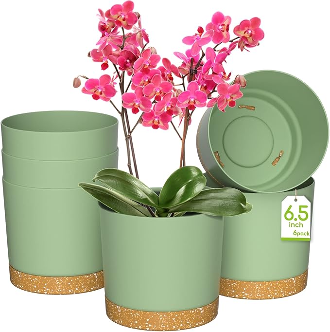ZMTECH Plant Pots Set of 6 6.5'' Self Watering Plastic Planter with Drainage Hole and SaucerModern Decorative Flower Pot for Indoor Outdoor House Plants Succulents Flowers - Green