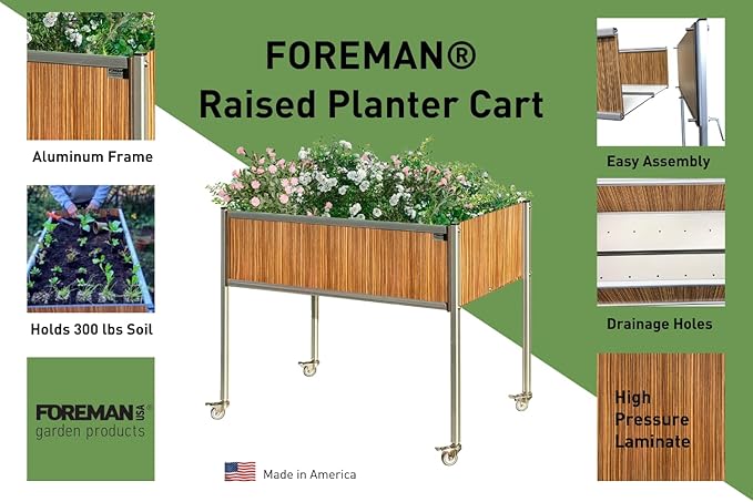 Foreman Raised Garden Bed on Wheels – Weather-Resistant Raised Garden Bed (48 x 24 x 32) with Drainage Ideal Raised Garden Bed for Vegetables &amp Flowers – 300 lb Capacity Zebrano Wood Grain