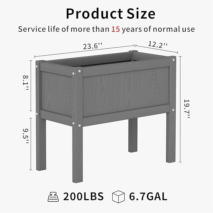 HDPE Raised Garden Bed with Legs All-Weather Outdoor Planter Box Easy to Assemble Drainage System Low Maintenance Non-Fading for Flower/Herb/Seed (Grey)