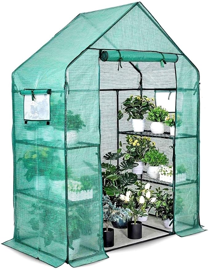 Greenhouse for Outdoors Walk in Greenhouses Heavy Duty with Durable PE Cover 2 Mesh Windows 3 Tiers 4 Shelves with Roll-up Zipper Door Indoor Portable Gardening Plant House 56'' x 29'' x 77'' Green