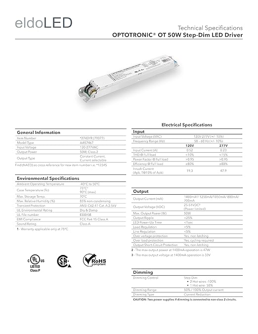 eldoLED | 2743YR OPTOTRONIC® OT 50W Step-Dim LED Driver | Replacement for Osram Driver 79377 | OT50W/CS1400C/UNV/SD/L