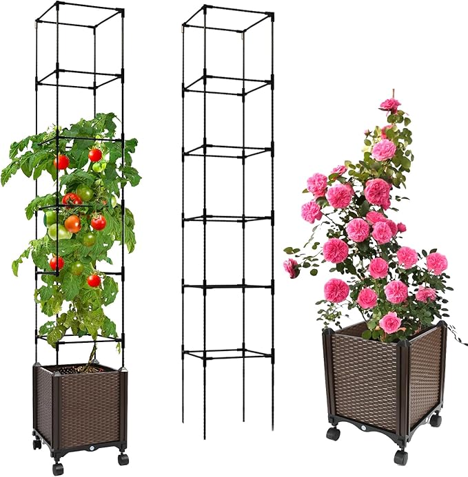 Jayhalo 71inch Planter Boxes Outdoor 3-in-1 Planter Box with Trellis with Wheels for Growing Vegetables 6 Layer Tomato Cage with Tomato Planters Self Watering for Indoor Outdoor Use